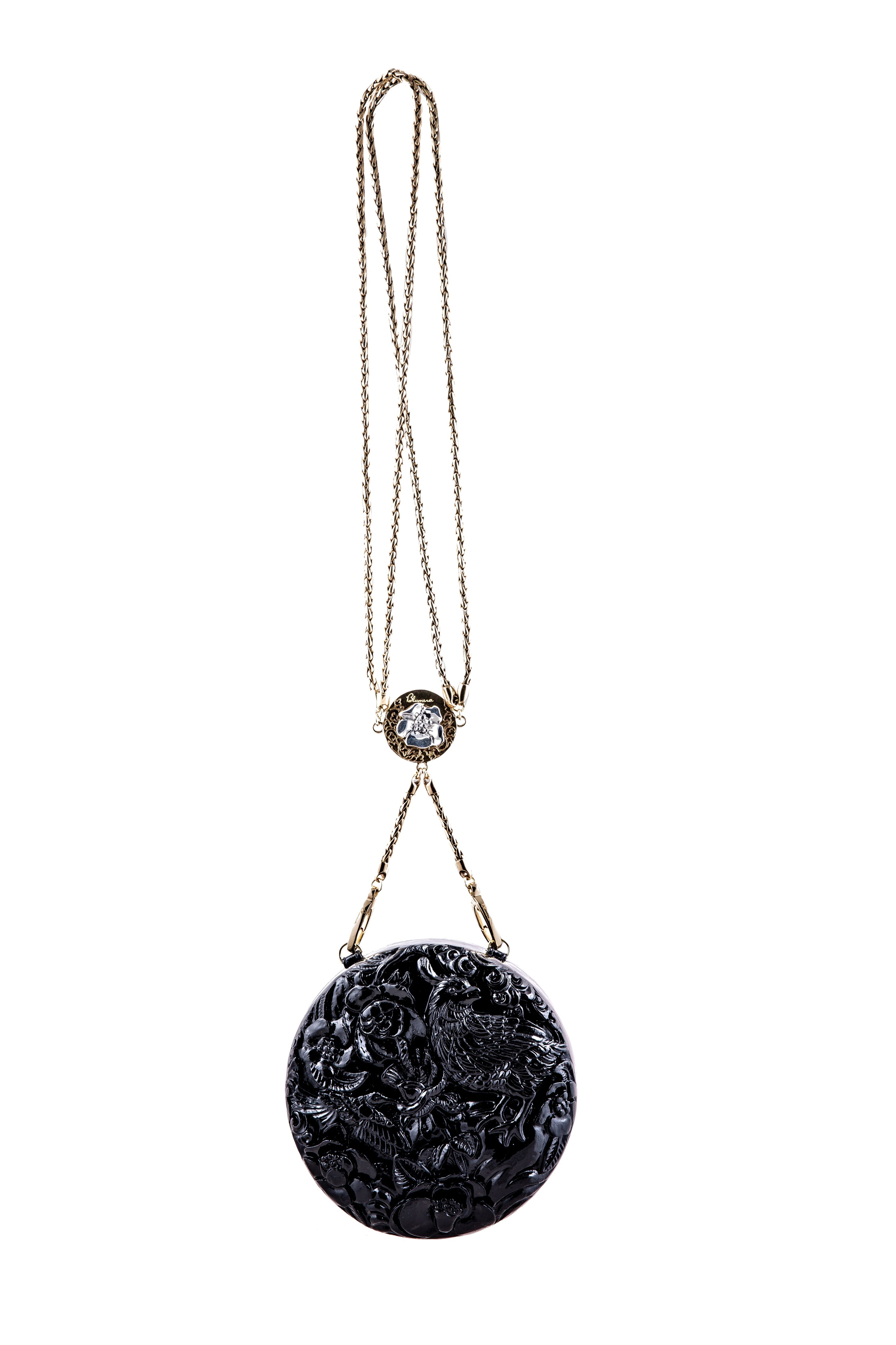 Medium Round Lacquered Hand-Carved Conference of the Bird Blumera Black Double Strap 