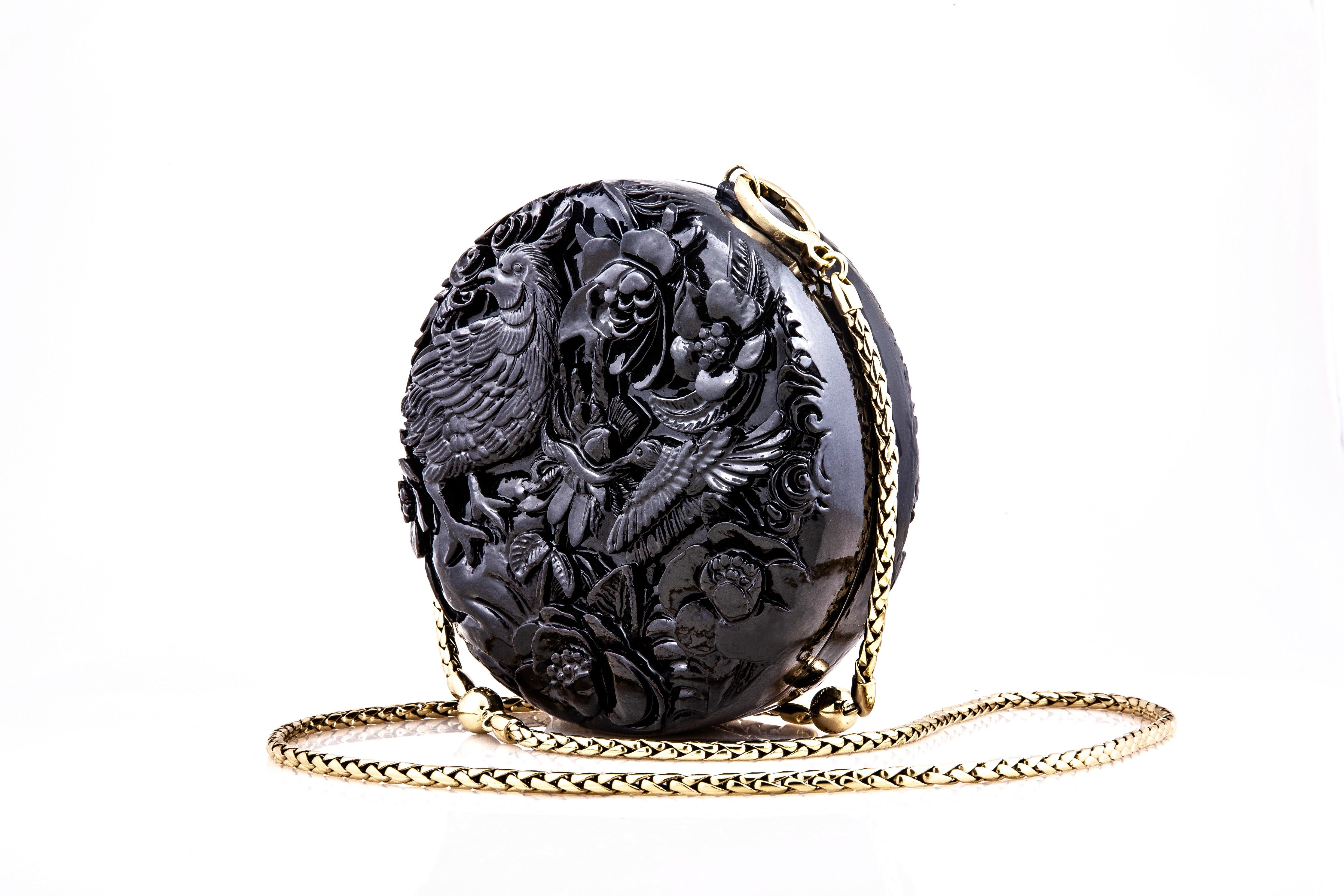 Medium Round Lacquered Hand-Carved Conference of the Bird Blumera Black Shoulder Strap 