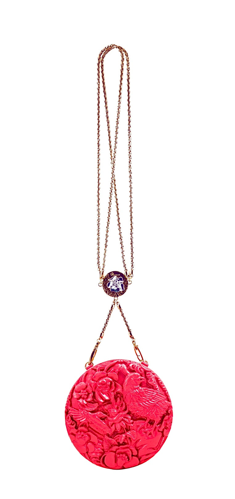Medium Round Lacquered Hand-Carved Conference of the Bird Blumera Coral Pink Double Strap 