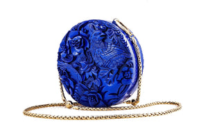Medium Round Lacquered Hand-Carved Conference of the Bird Blumera Royal Blue Shoulder Strap 