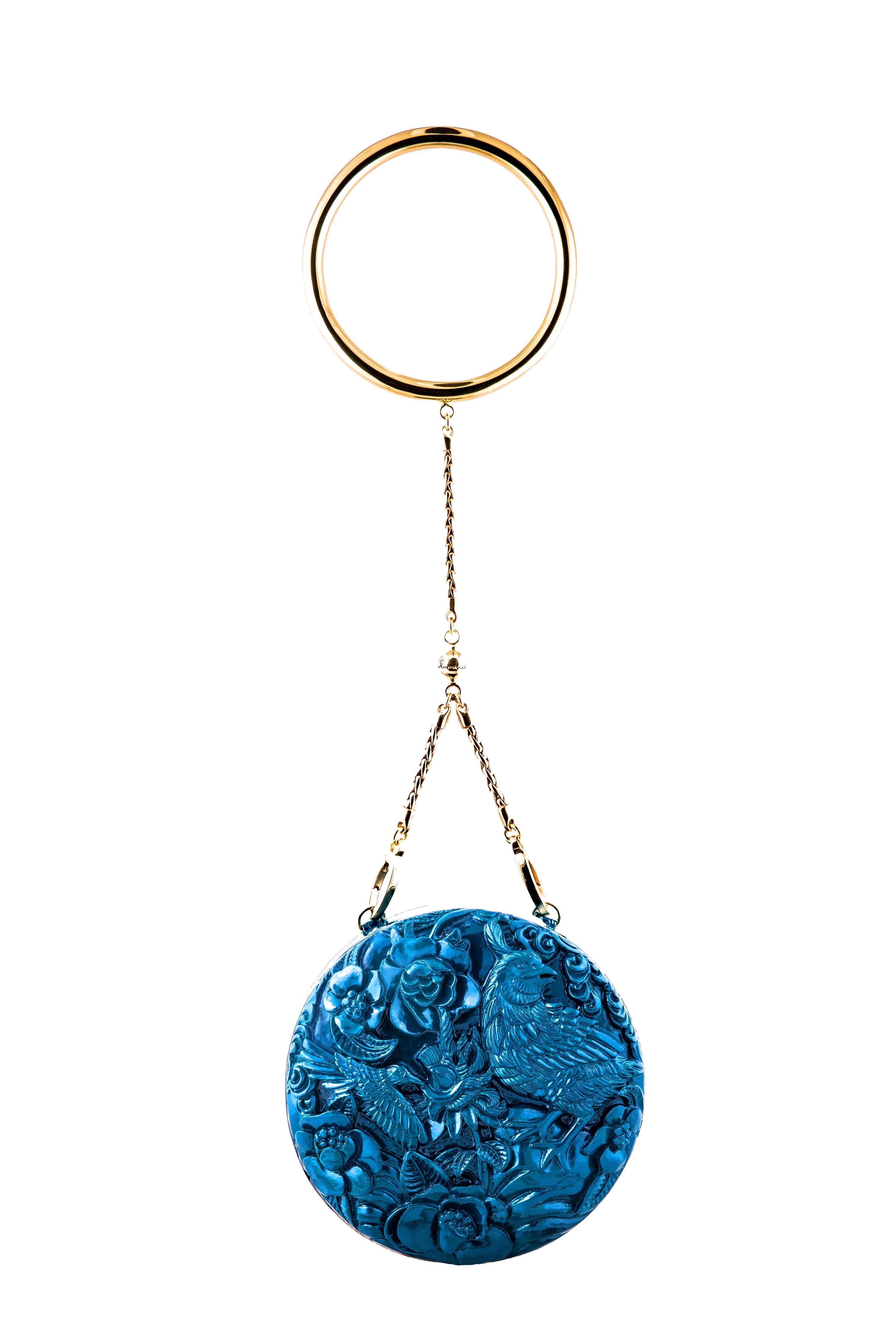 Medium Round Lacquered Hand-Carved Conference of the Bird Blumera Teal Bangle Strap 