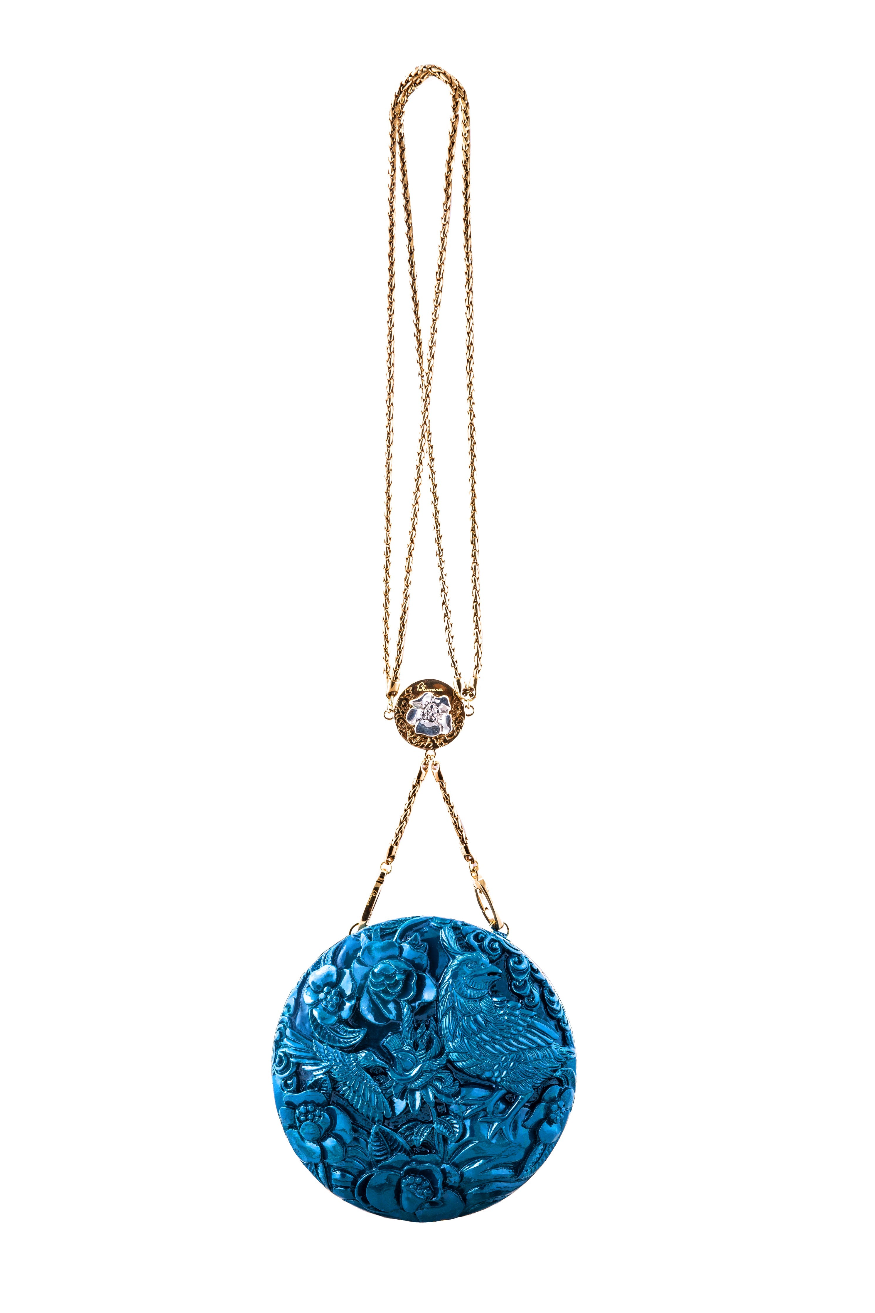 Medium Round Lacquered Hand-Carved Conference of the Bird Blumera Teal Double Strap 