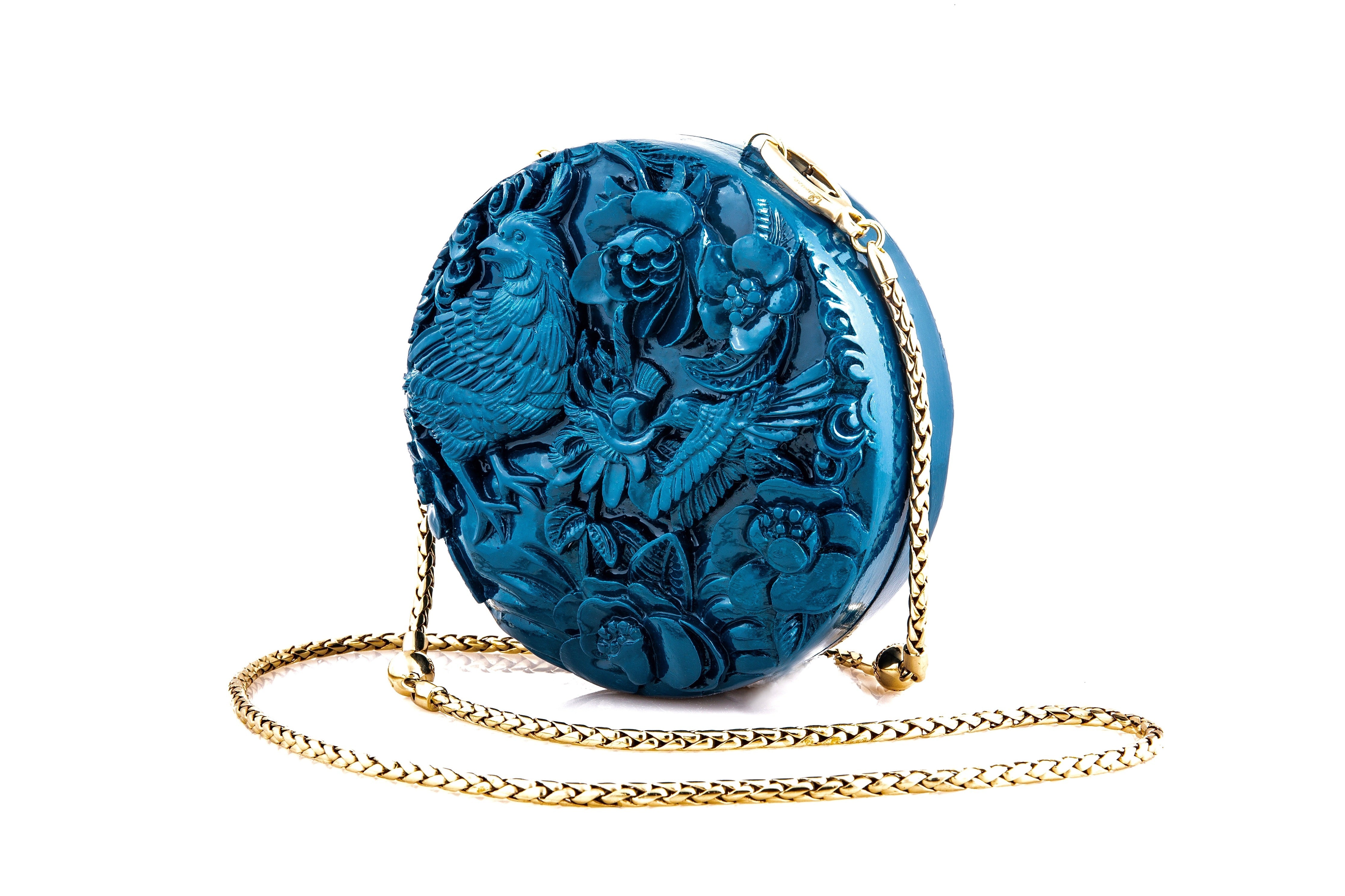 Medium Round Lacquered Hand-Carved Conference of the Bird Blumera Teal Shoulder Strap 