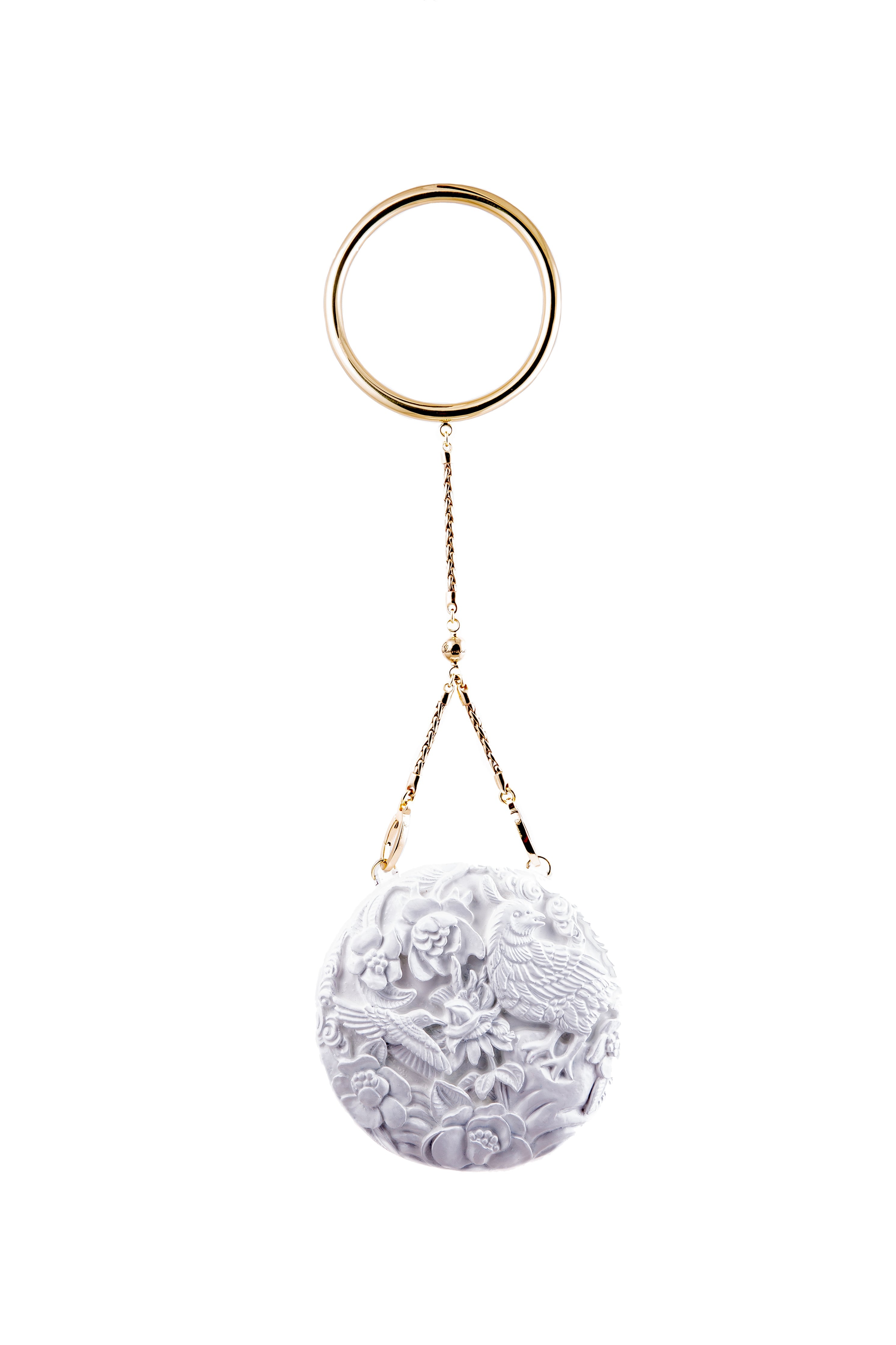 Medium Round Lacquered Hand-Carved Conference of the Bird Blumera White Bangle Strap 
