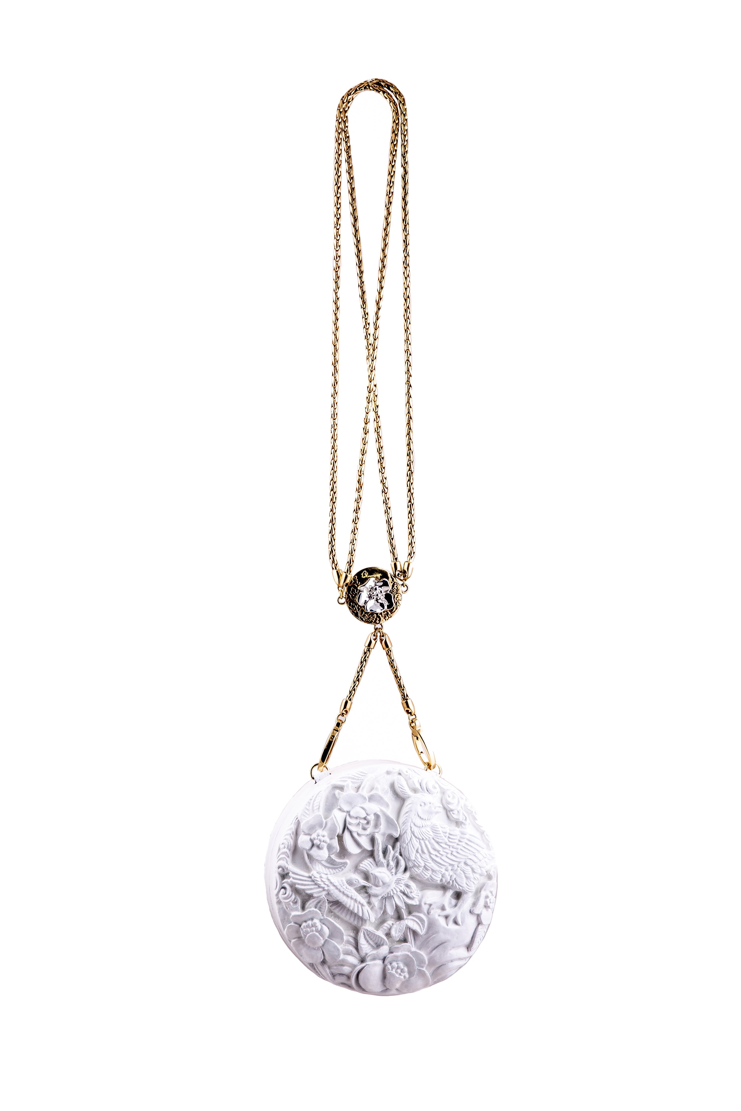 Medium Round Lacquered Hand-Carved Conference of the Bird Blumera White Double Strap 