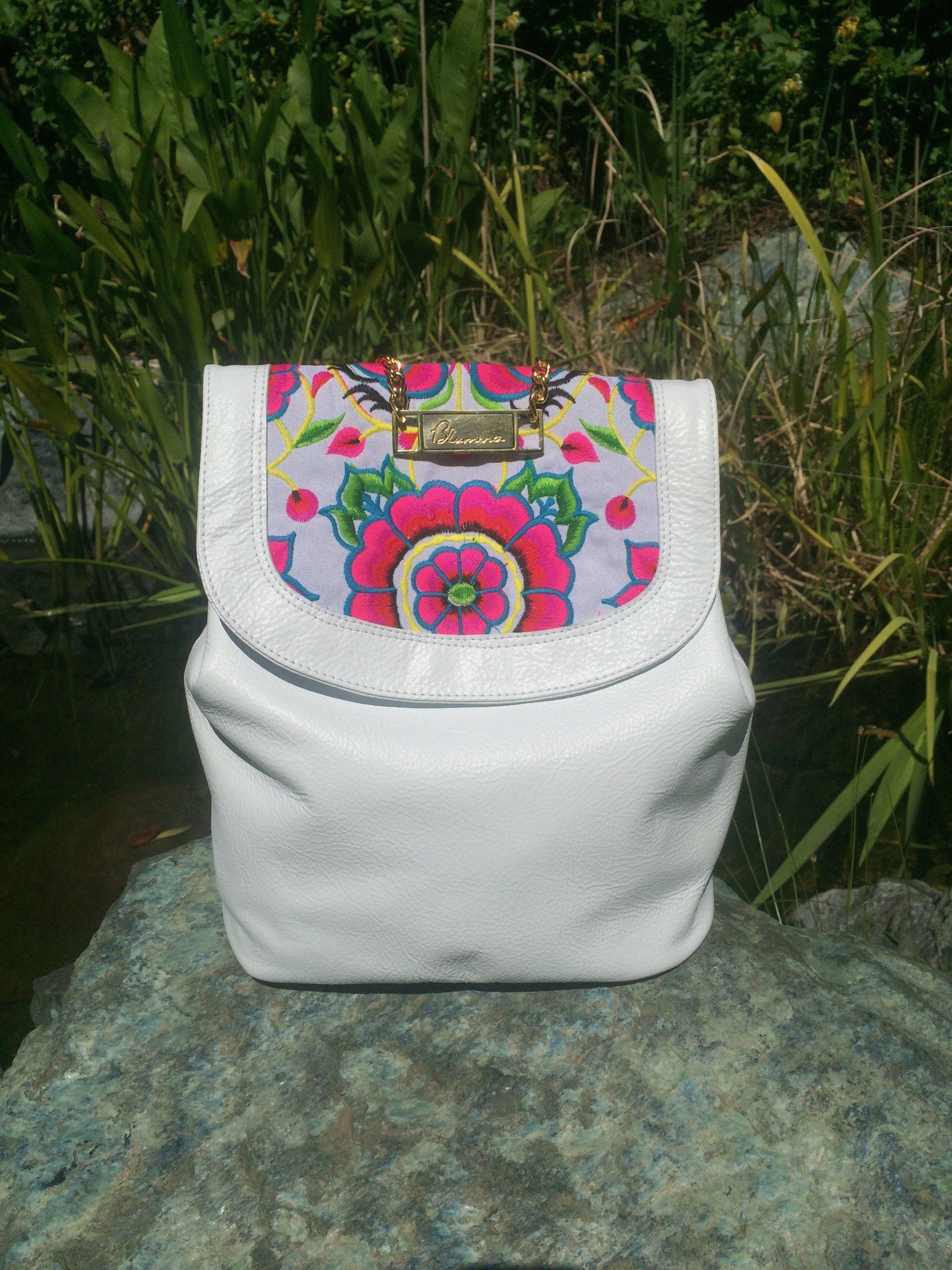 Nonny Black Embroidered Backpack in White - Blumera