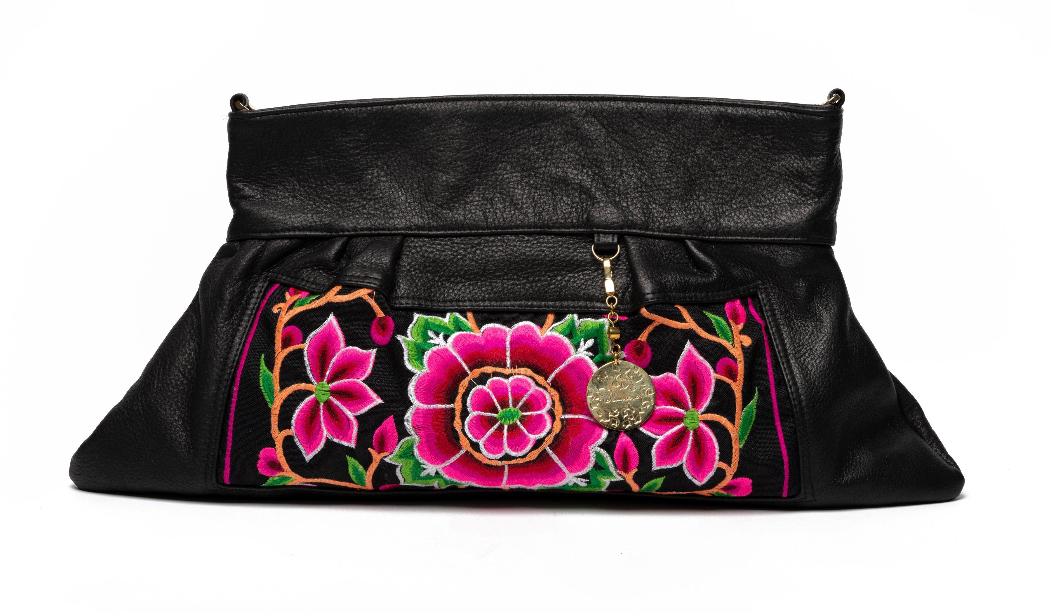 Nonny Black Leather Embroidered Oversized Clutch with optional strap - Blumera