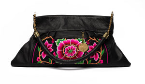Nonny Black Leather Embroidered Oversized Clutch with optional strap - Blumera