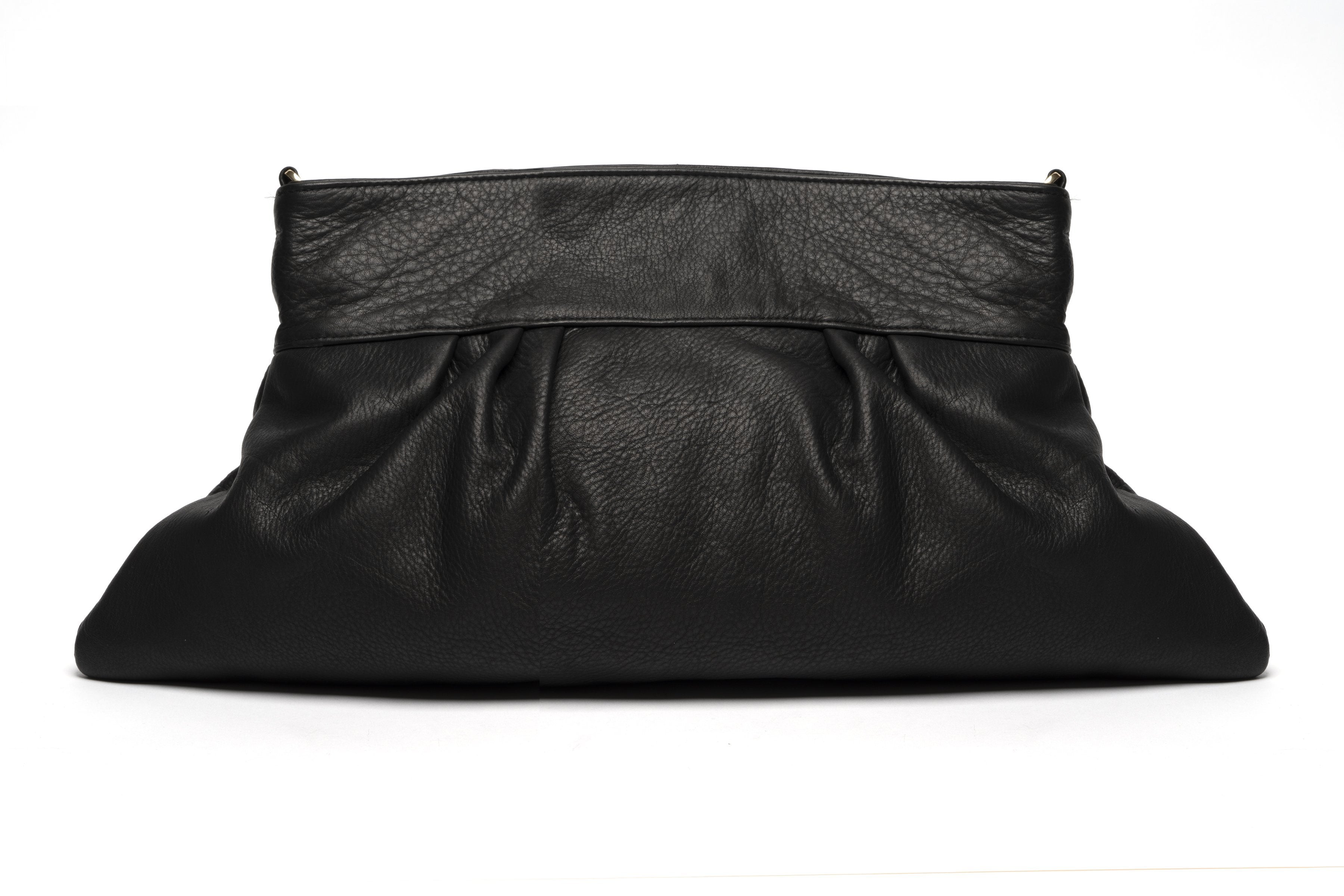 Nonny Black Leather Embroidered Oversized Clutch with optional strap - Blumera