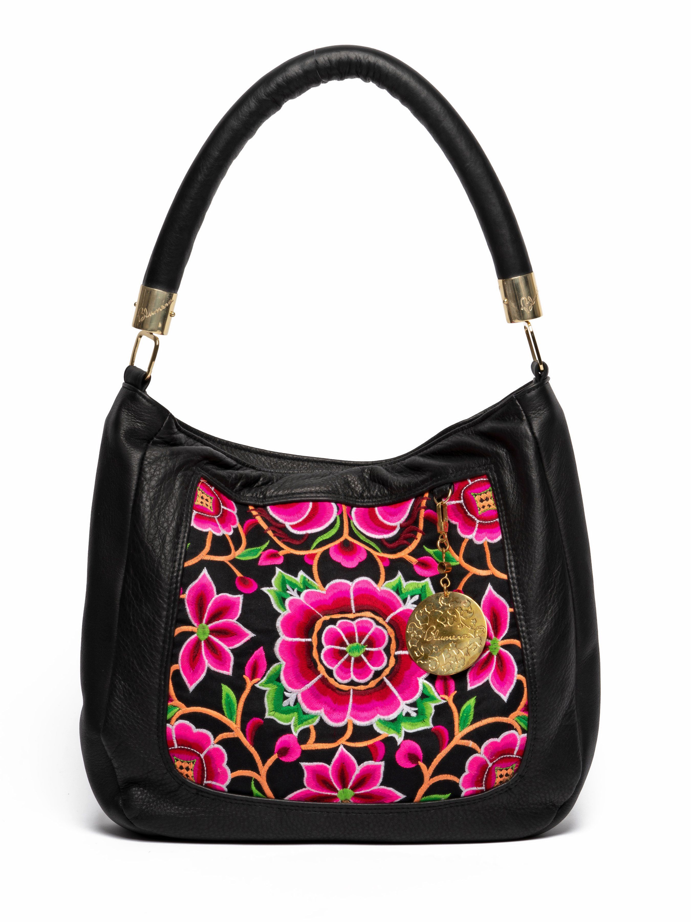 Nonny Black Leather Embroidered Shoulder Bag - Blumera