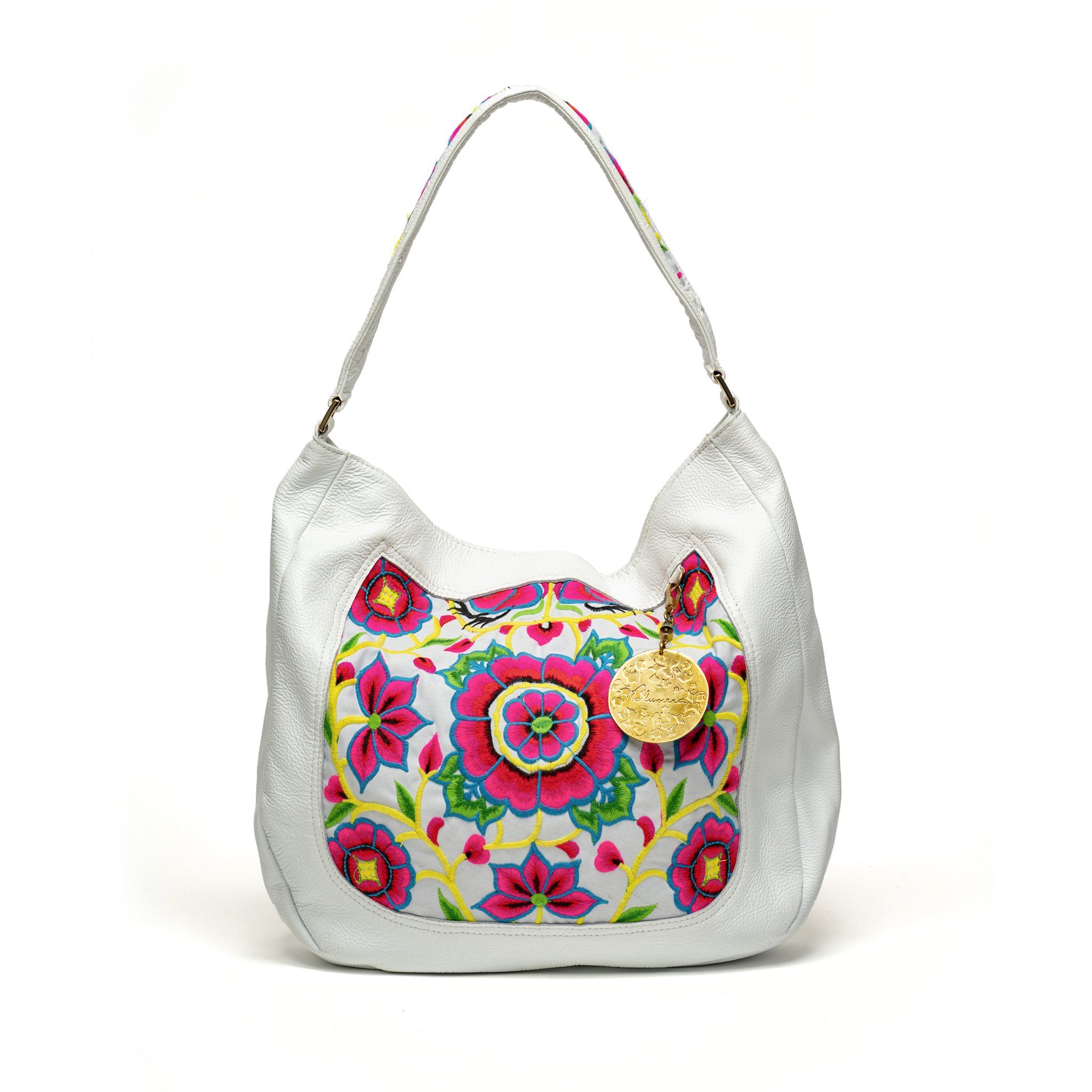 Nonny White Leather Embroidered Shoulder Bag - Blumera