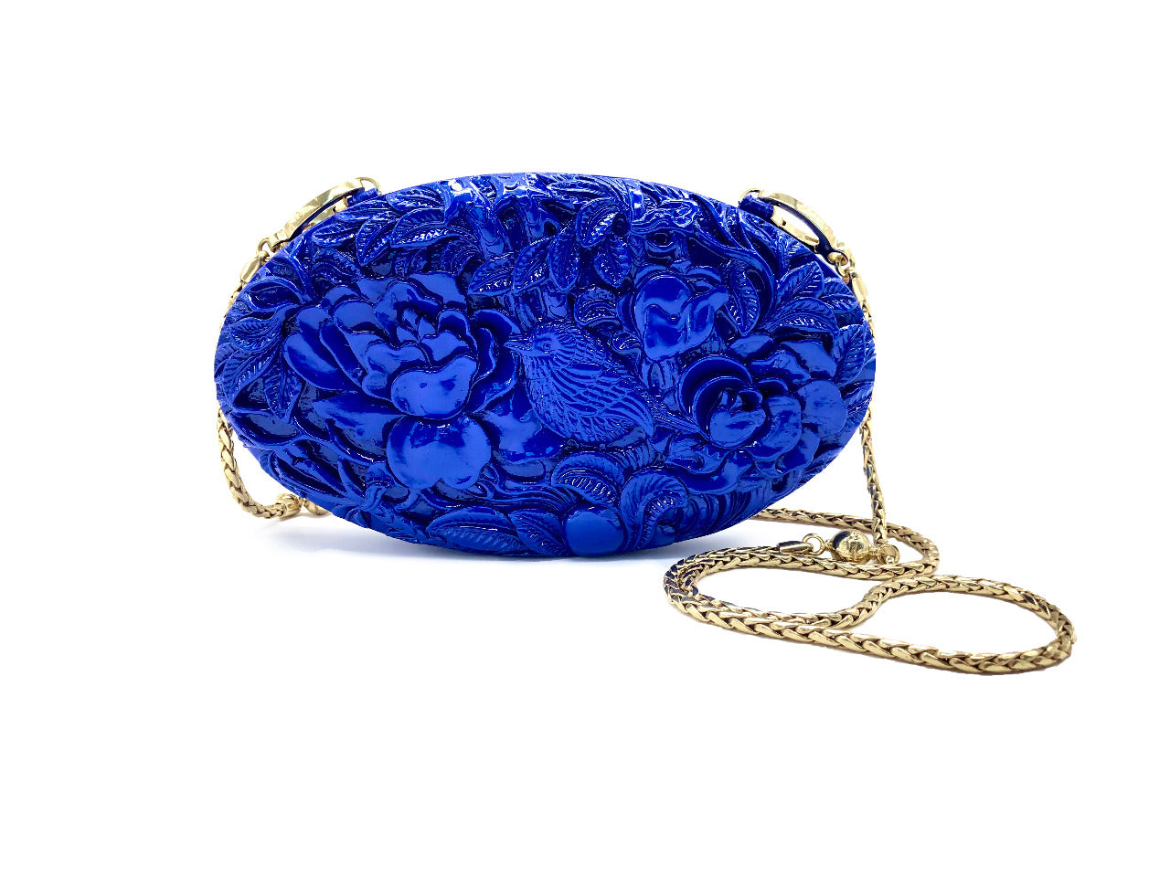 Oval Hand-Carved Rose and the Nightingale in Lacquered Blue Blumera 
