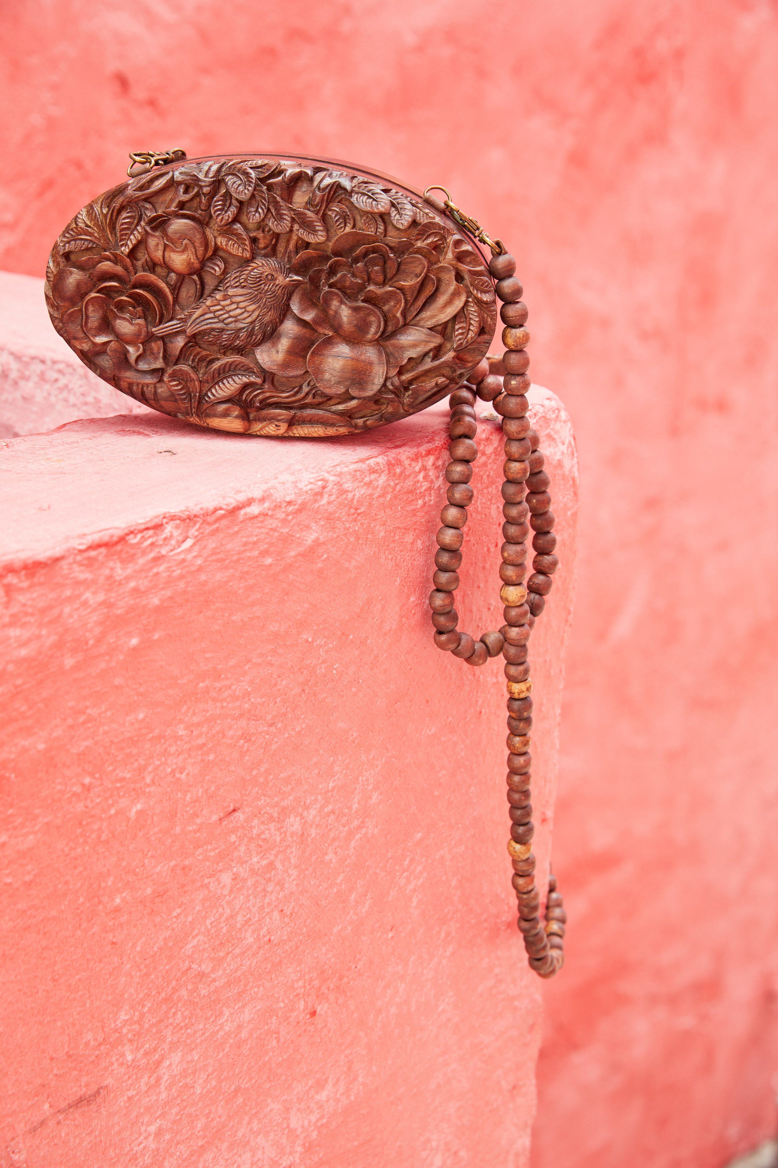 Oval Sonokeling Wood Carved Clutch - Limited Edition Blumera Beaded Strap 
