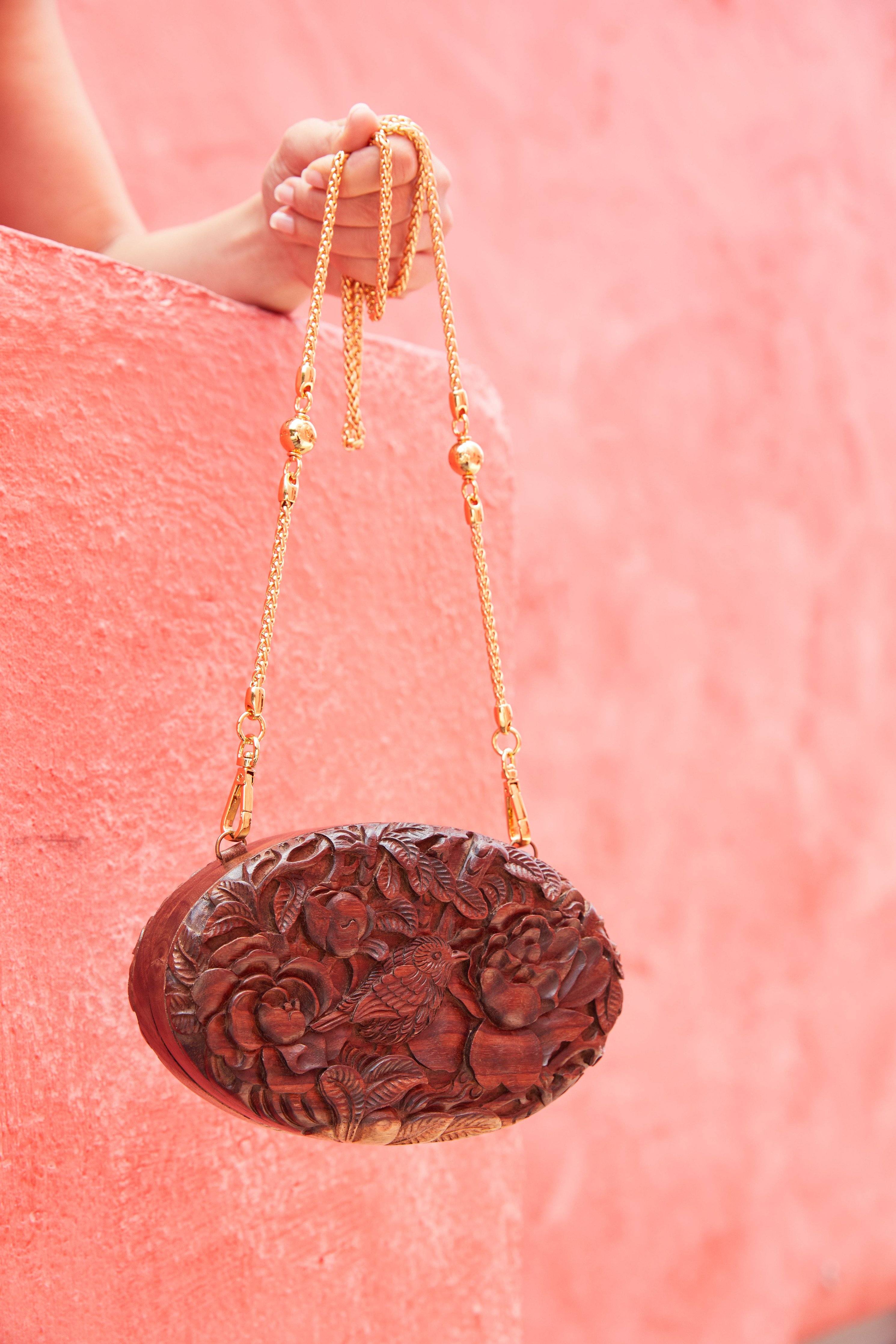 Oval Sonokeling Wood Carved Clutch - Limited Edition Blumera Chain Strap 