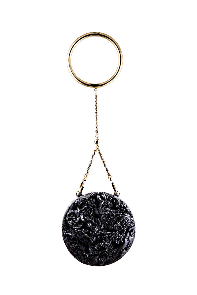 Small Round Lacquered Hand-Carved Conference of the Bird Blumera Black Bangle Strap 