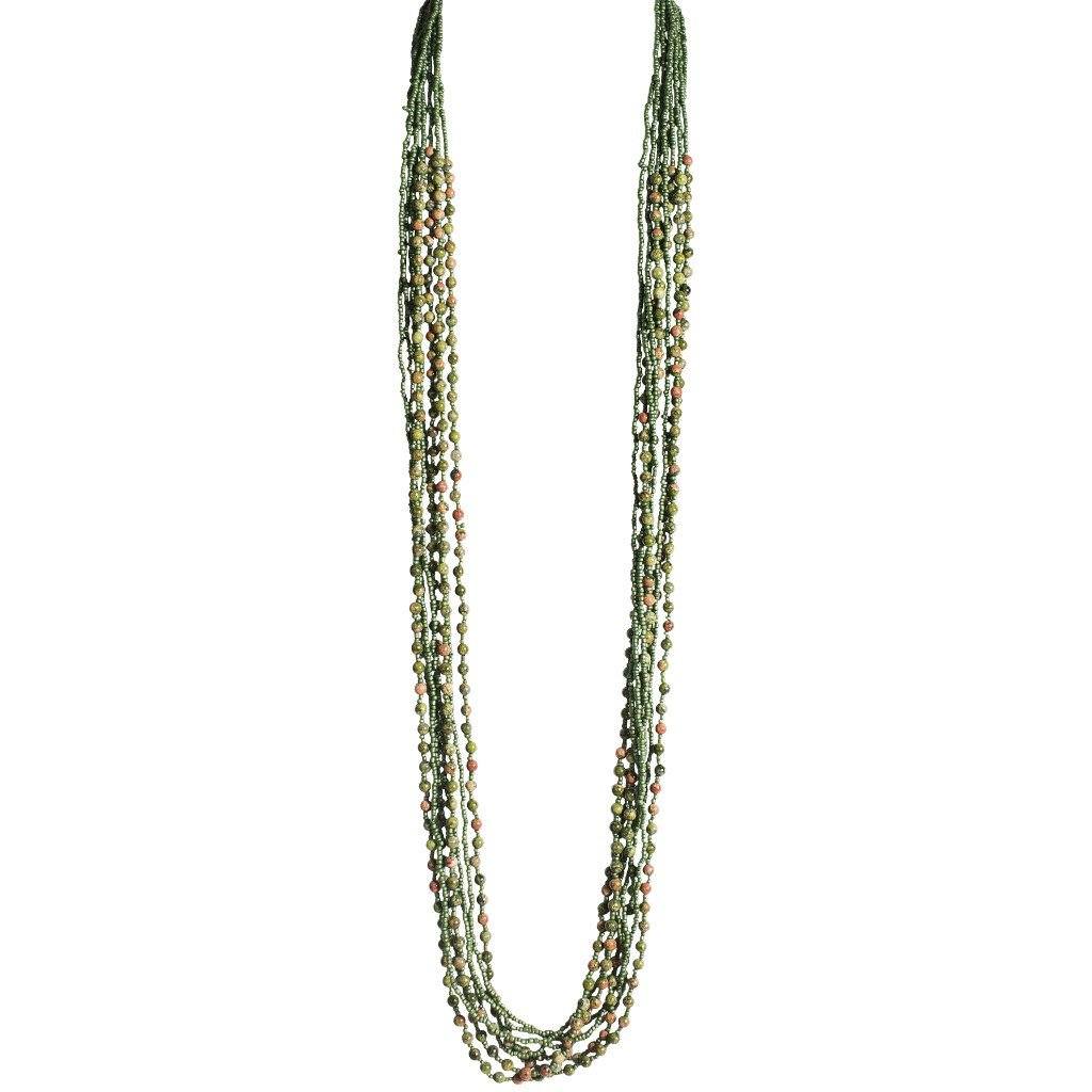 Unakite Stone and Olive Beaded Eight Strand Necklace - Blumera
